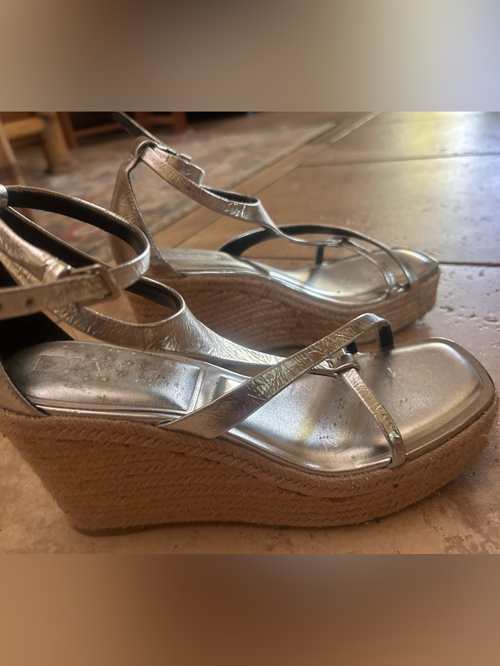 DKNY Silver Metallic Espadrille Wedge Sandals